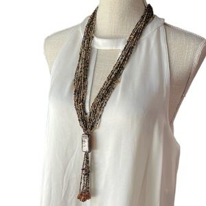 Vintage Glass Seed Bead Stone Chip Multi-Strand Tassel Necklace -Long Boho